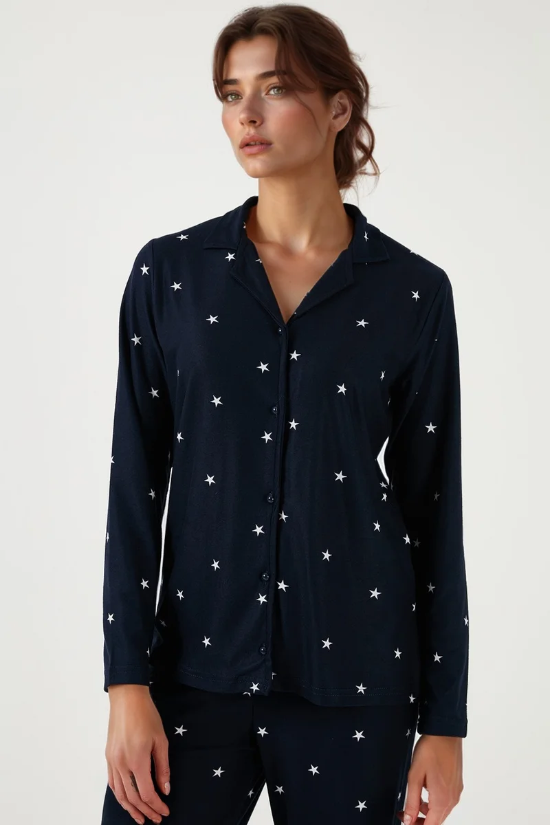 ليلا Stretch Regular Fit Open Collar Elastic Waist Pajama Set Women's PAJAMAS SET 65720501