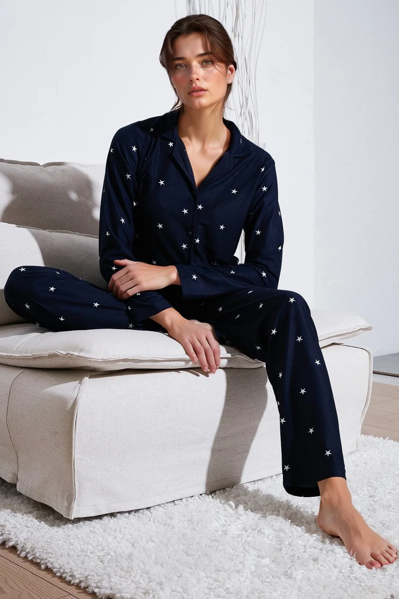 ليلا Stretch Regular Fit Open Collar Elastic Waist Pajama Set Women's PAJAMAS SET 65720501