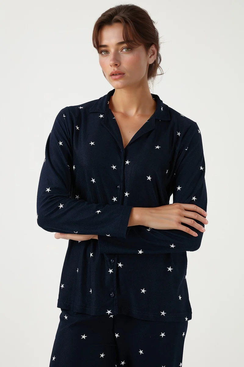 ليلا Stretch Regular Fit Open Collar Elastic Waist Pajama Set Women's PAJAMAS SET 65720501