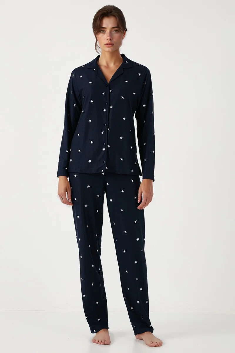 ليلا Stretch Regular Fit Open Collar Elastic Waist Pajama Set Women's PAJAMAS SET 65720501