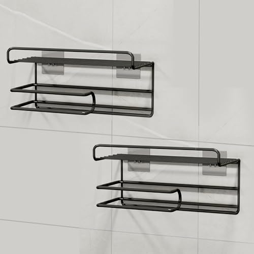 RACKORA Adhesive Toilet Paper Holder with Shelf Tissue Paper Roll Towel Holder Storage Rack - (Pack of 2, Standard Size, Black) - Image 1