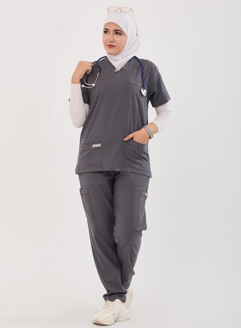sezer Women's Caesar Scrub - Soft Women's Caesar Scrub - Soft cotton in gray color for your brilliance and comfort every work day!in gingham for your brilliance and comfort every work day! - Image 1