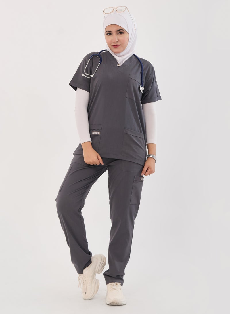 sezer Women's Caesar Scrub - Soft Women's Caesar Scrub - Soft cotton in gray color for your brilliance and comfort every work day!in gingham for your brilliance and comfort every work day! - Image 2