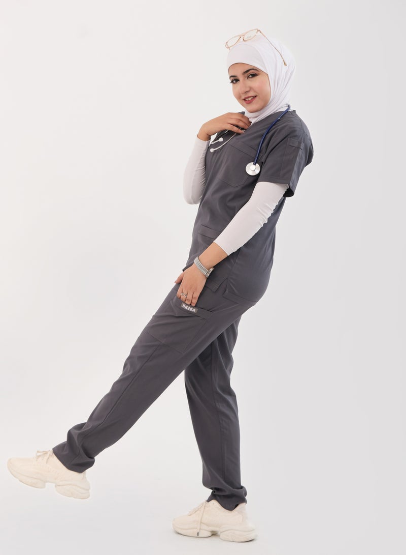 sezer Women's Caesar Scrub - Soft Women's Caesar Scrub - Soft cotton in gray color for your brilliance and comfort every work day!in gingham for your brilliance and comfort every work day! - Image 3