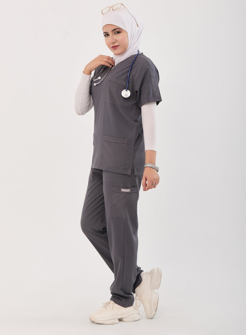 sezer Women's Caesar Scrub - Soft Women's Caesar Scrub - Soft cotton in gray color for your brilliance and comfort every work day!in gingham for your brilliance and comfort every work day! - Image 4