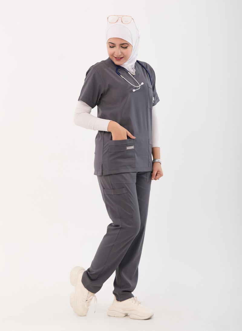 sezer Women's Caesar Scrub - Soft Women's Caesar Scrub - Soft cotton in gray color for your brilliance and comfort every work day!in gingham for your brilliance and comfort every work day! - Image 5