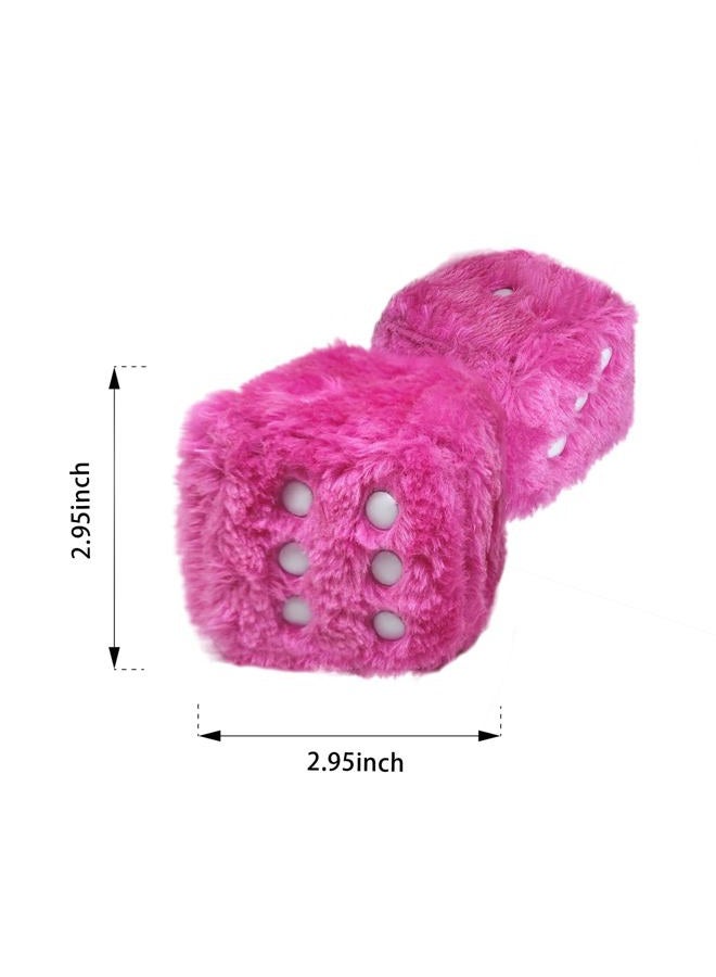 ORNALES Pair 3” Inch Hot Stamped Polka Dot Fuzzy Plush Dice, Cute Retro Plush Car Interior Accessories for Car Rearview Mirror Hanging Decoration(Rose red) - Image 3