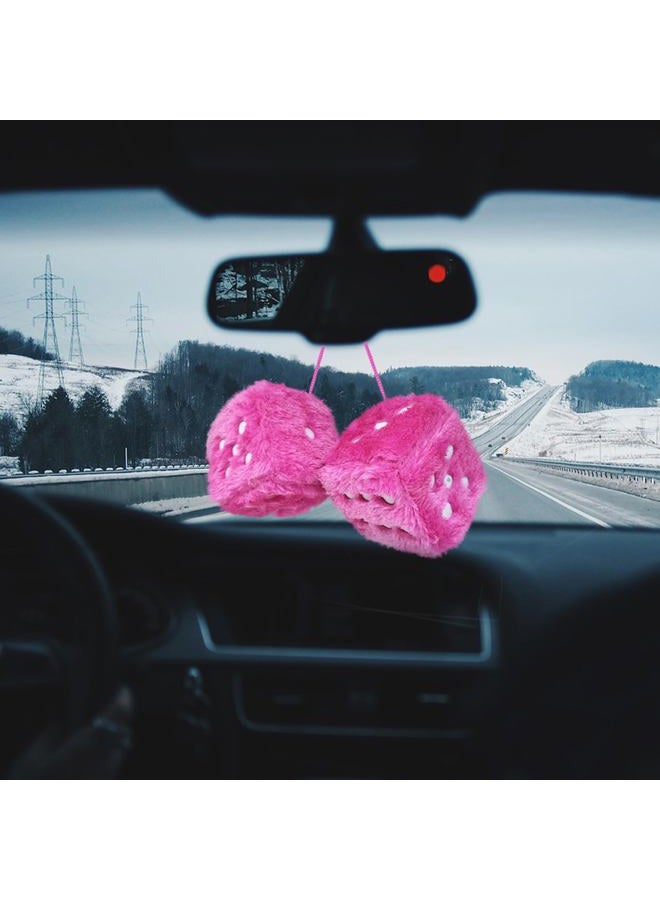 ORNALES Pair 3” Inch Hot Stamped Polka Dot Fuzzy Plush Dice, Cute Retro Plush Car Interior Accessories for Car Rearview Mirror Hanging Decoration(Rose red) - Image 5