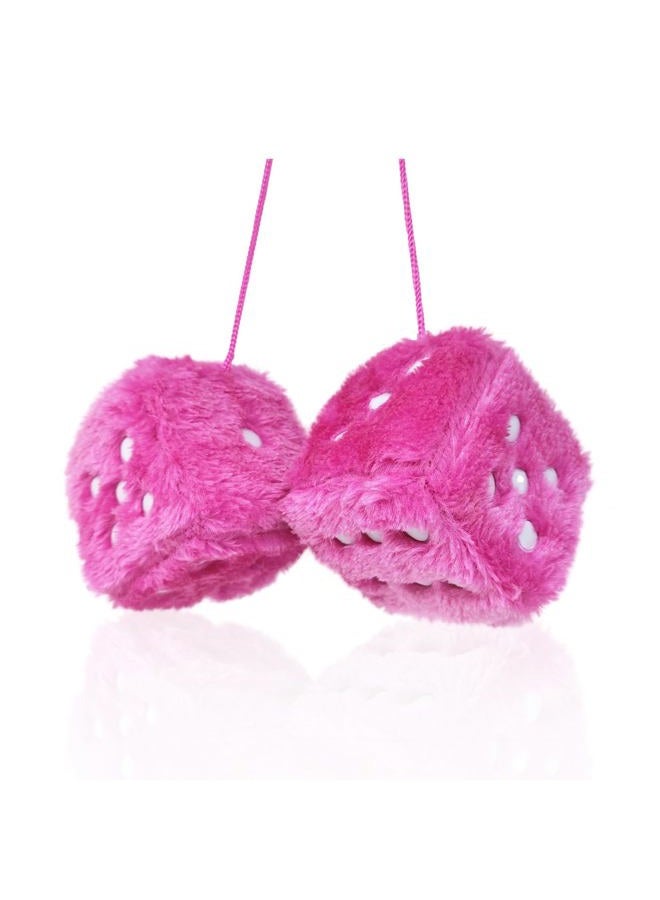 ORNALES Pair 3” Inch Hot Stamped Polka Dot Fuzzy Plush Dice, Cute Retro Plush Car Interior Accessories for Car Rearview Mirror Hanging Decoration(Rose red) - Image 1