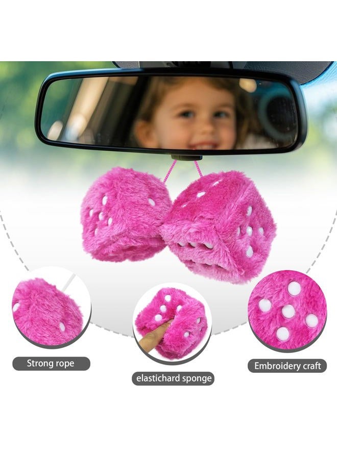 ORNALES Pair 3” Inch Hot Stamped Polka Dot Fuzzy Plush Dice, Cute Retro Plush Car Interior Accessories for Car Rearview Mirror Hanging Decoration(Rose red) - Image 2