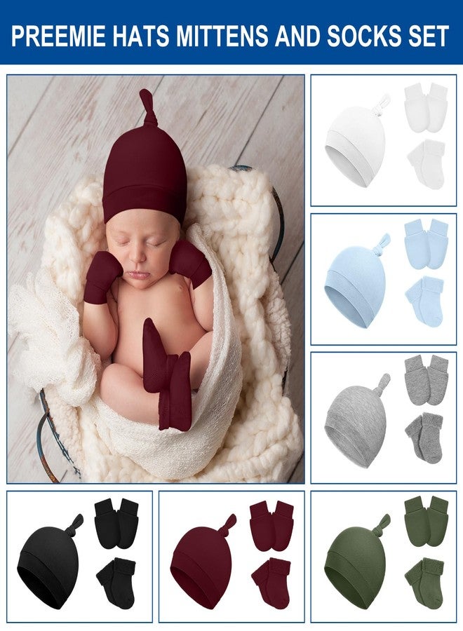 Cutecrop 6 Pcs Preemie Hats Mittens and Socks Set Cotton Preemie Cap Knotted Hat No Scratch Warm Terry Socks for Boys Girls(Dark Color) - Image 4