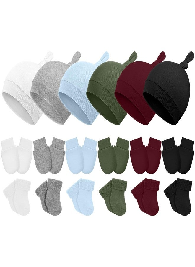 Cutecrop 6 Pcs Preemie Hats Mittens and Socks Set Cotton Preemie Cap Knotted Hat No Scratch Warm Terry Socks for Boys Girls(Dark Color) - Image 1
