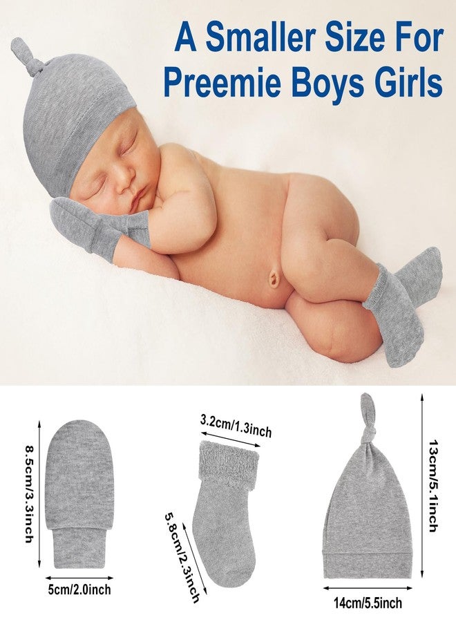 Cutecrop 6 Pcs Preemie Hats Mittens and Socks Set Cotton Preemie Cap Knotted Hat No Scratch Warm Terry Socks for Boys Girls(Dark Color) - Image 3