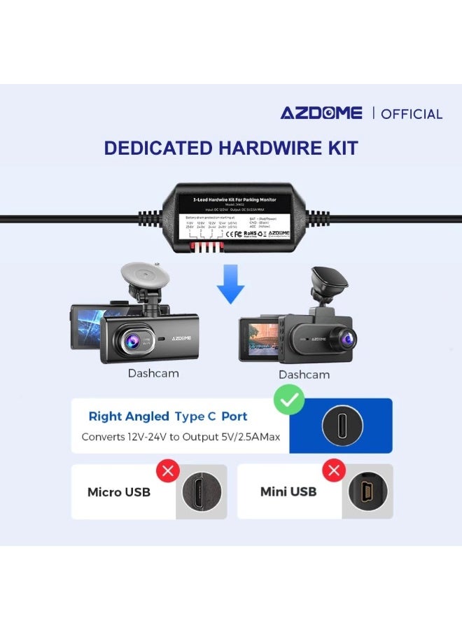 AZDOME HT03 Hardwire Kit, Type-C Port, For M300S/ M550 Pro/M550 MAX/M560/M58012ft Cable with Fuse, 24H Parking Monitor, 12V-24V to 5V/2.5A Dash Cam Power Supply - Image 3