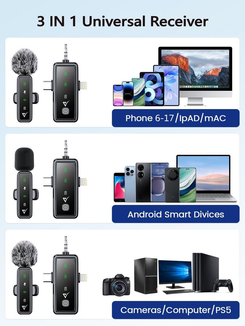 VELOMAX 3 in 1 Noise Cancellation Wireless Microphone for iPhone/Android USB-C/Camera with LED Indicator Light, 164FT Transmission Range Wireless Mic for Youtubers,Video Recording, Streaming - Image 5