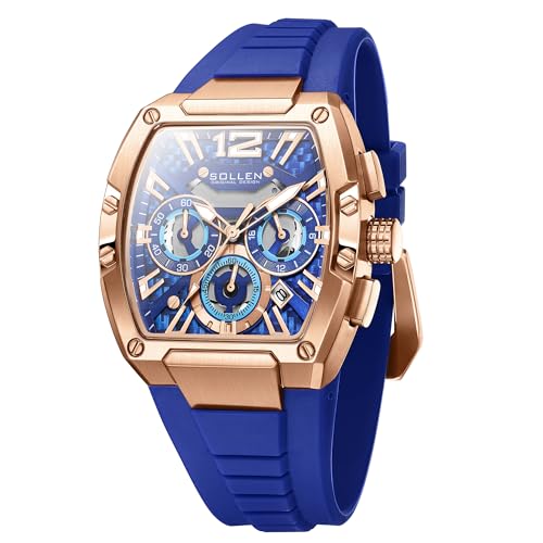 SOLLEN Blue Men's Tonneau Watches, Casual & Stylish Chronograph Analog Quartz Watch with Calendar, Luminous Hands & Silicone Strap, 30M Waterproof Luxury Wrist Watches for Sport & Daily Use - 40×50mm - Image 1