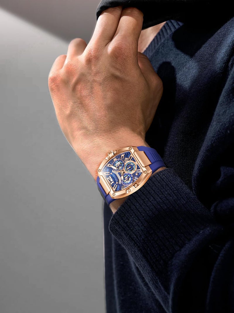 SOLLEN Blue Men's Tonneau Watches, Casual & Stylish Chronograph Analog Quartz Watch with Calendar, Luminous Hands & Silicone Strap, 30M Waterproof Luxury Wrist Watches for Sport & Daily Use - 40×50mm - Image 2