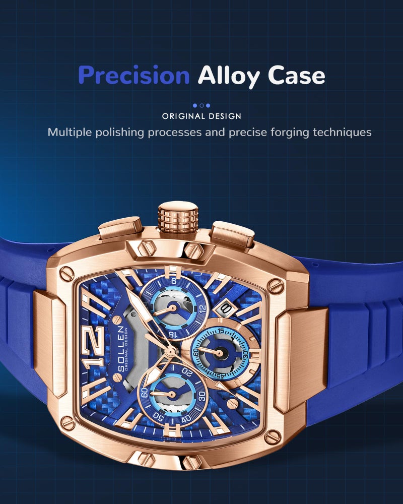 SOLLEN Blue Men's Tonneau Watches, Casual & Stylish Chronograph Analog Quartz Watch with Calendar, Luminous Hands & Silicone Strap, 30M Waterproof Luxury Wrist Watches for Sport & Daily Use - 40×50mm - Image 4