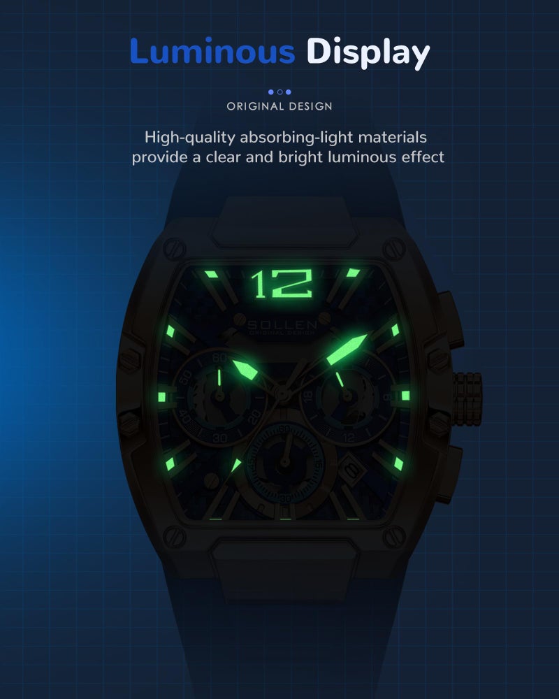 SOLLEN Blue Men's Tonneau Watches, Casual & Stylish Chronograph Analog Quartz Watch with Calendar, Luminous Hands & Silicone Strap, 30M Waterproof Luxury Wrist Watches for Sport & Daily Use - 40×50mm - Image 5