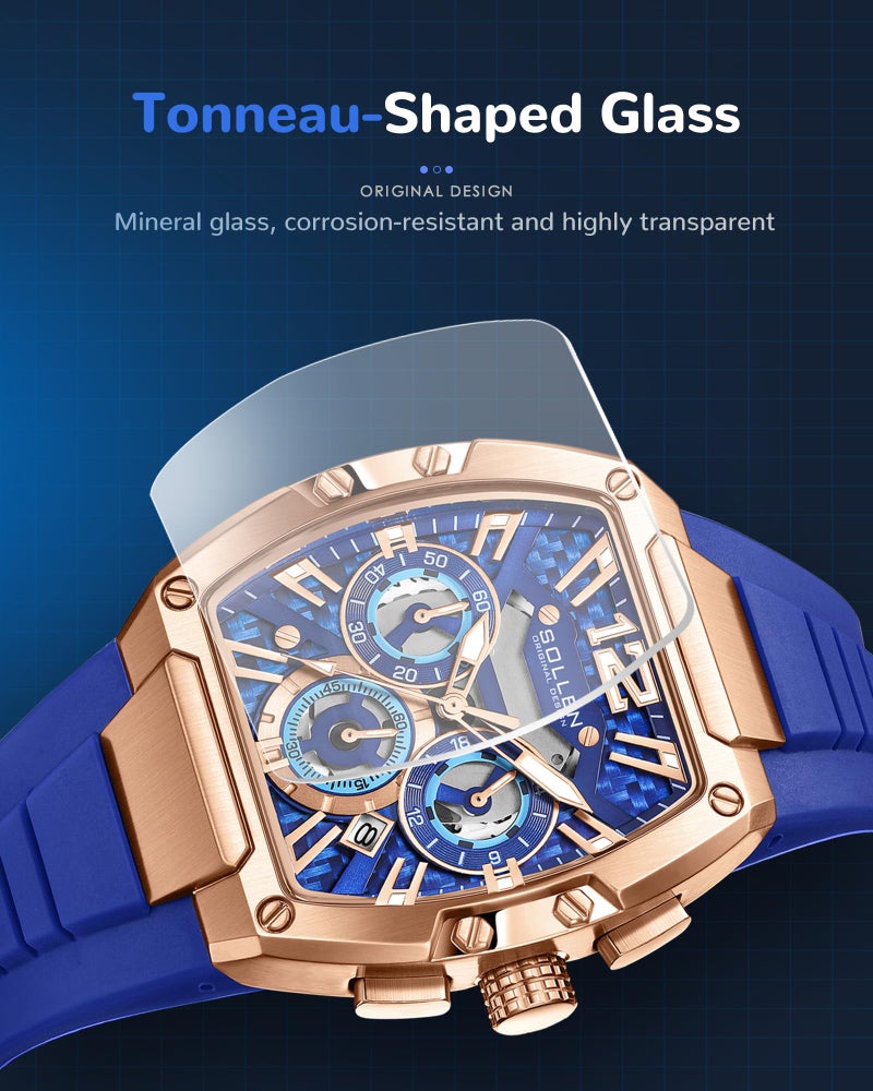SOLLEN Blue Men's Tonneau Watches, Casual & Stylish Chronograph Analog Quartz Watch with Calendar, Luminous Hands & Silicone Strap, 30M Waterproof Luxury Wrist Watches for Sport & Daily Use - 40×50mm - Image 3