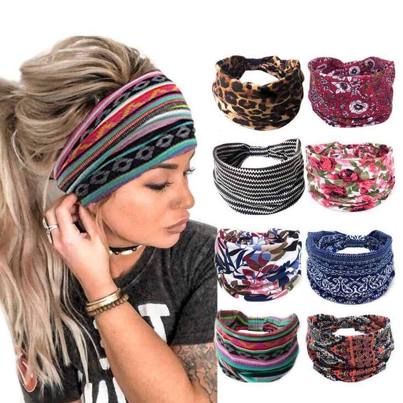 Bohend Wide Boho Headbands Women 8 PCS Stretchy Cotton Hairbands No Slip Bandeau Head Wrap Boho Uniform size