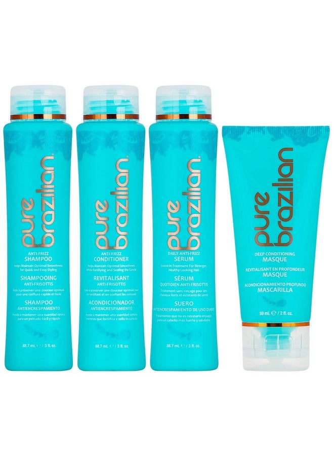 Pure Brazilian 4 Piece Essential Travel Size Kit: Antifrizz Shampoo Conditioner Serum & Masque  - Image 1