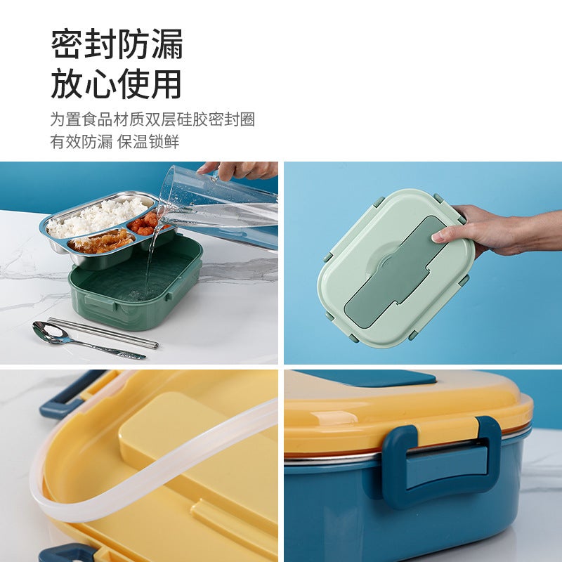 Large-capacity portable insulated lunch box for office workers and students, divided into compartments without odor, sealed lunch box, multi-specification packing box Navy blue yellow - four - Image 4