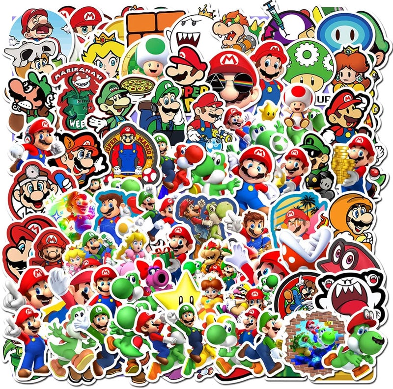 YONGAI 100Pcs Mario Sticker for Kids, Cute Cartoon Waterproof Vinyl Decal for Teen Girl Water Bottle Skateboard Notebook Phone Guitar Bike Helmet - Image 1