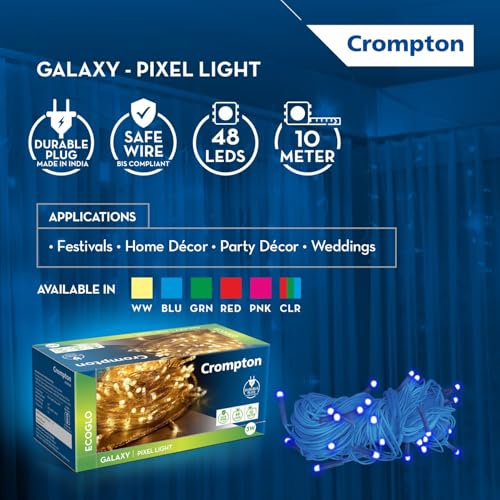 Crompton Galaxy Pixel Light | Festive Ladi Lights | 10 Meter | 48 LEDs | Blue | Pack of 1 | Direct 2-pin Plug | BIS Safe Wire | for Home Decoration, Diwali, Festival, Birthday, Marriage - Image 3