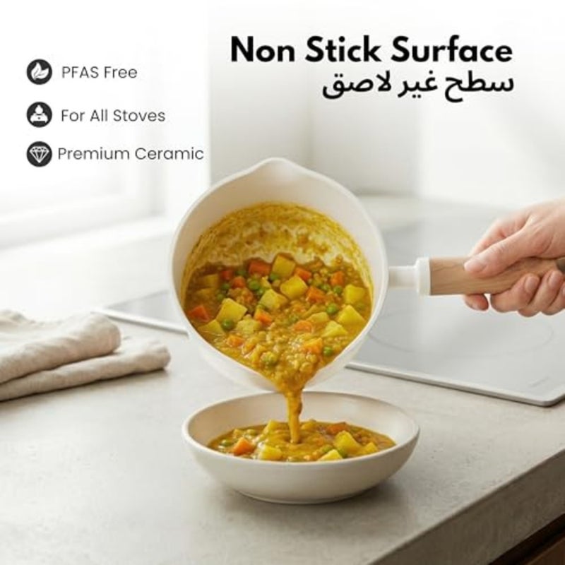 قدر سيراميك غير لاصق سعة 1.9 لتر مع غطاء مصفاة مزدوج الحجم، طهي صحي خالٍ من PFAS، مقبض مريح يشبه الخشب، قاعدة رش كاملة، متوافق مع جميع المواقد، كريم آمن للاستخدام في غسالة الأطباق - Image 3