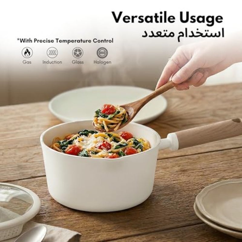 قدر سيراميك غير لاصق سعة 1.9 لتر مع غطاء مصفاة مزدوج الحجم، طهي صحي خالٍ من PFAS، مقبض مريح يشبه الخشب، قاعدة رش كاملة، متوافق مع جميع المواقد، كريم آمن للاستخدام في غسالة الأطباق - Image 5