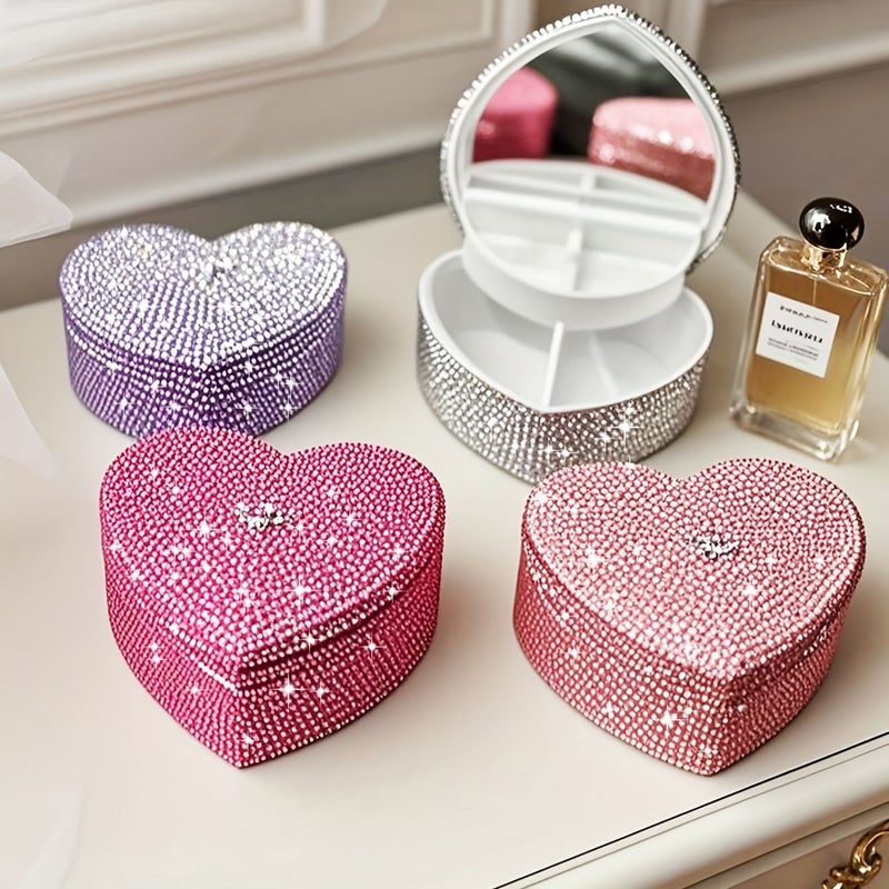 صندوق مجوهرات أحمر على شكل قلب، مكون من طبقتين، مزود بمرآة وصندوق داخلي قابل للإزالة. - Image 4