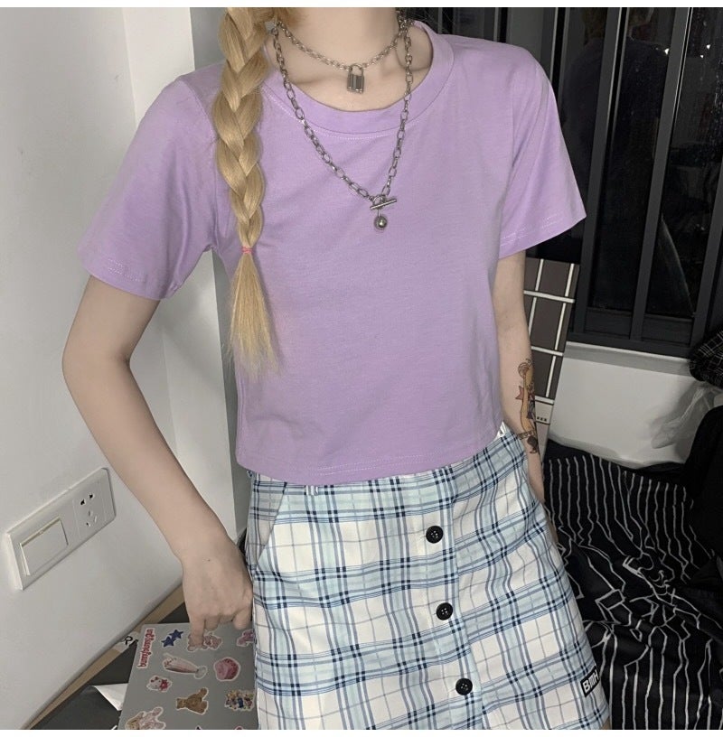 Sweet and Spicy Style Womens 2022 Short Short Sleeve Candy Color High Waist Navel Exposure Solid Color Top Girls Summer T-shirt for Students Light purple