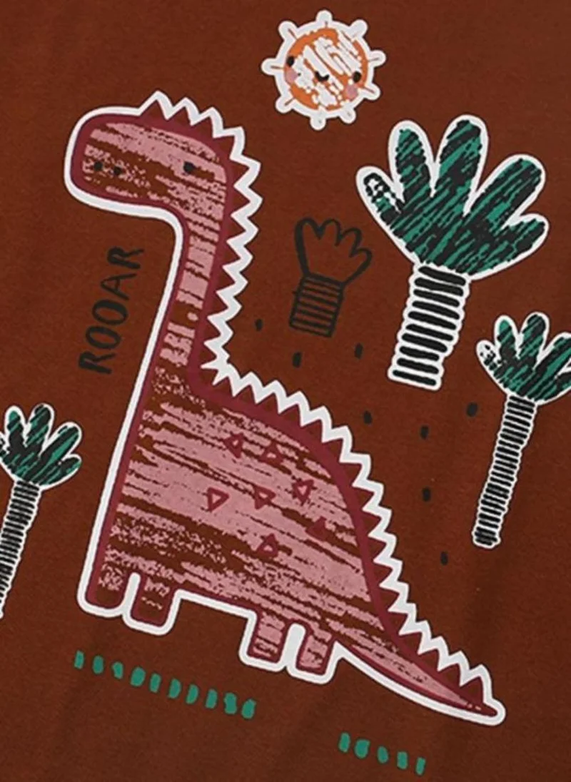 يونيكي Brown Printed Round Neck Cotton T-shirt