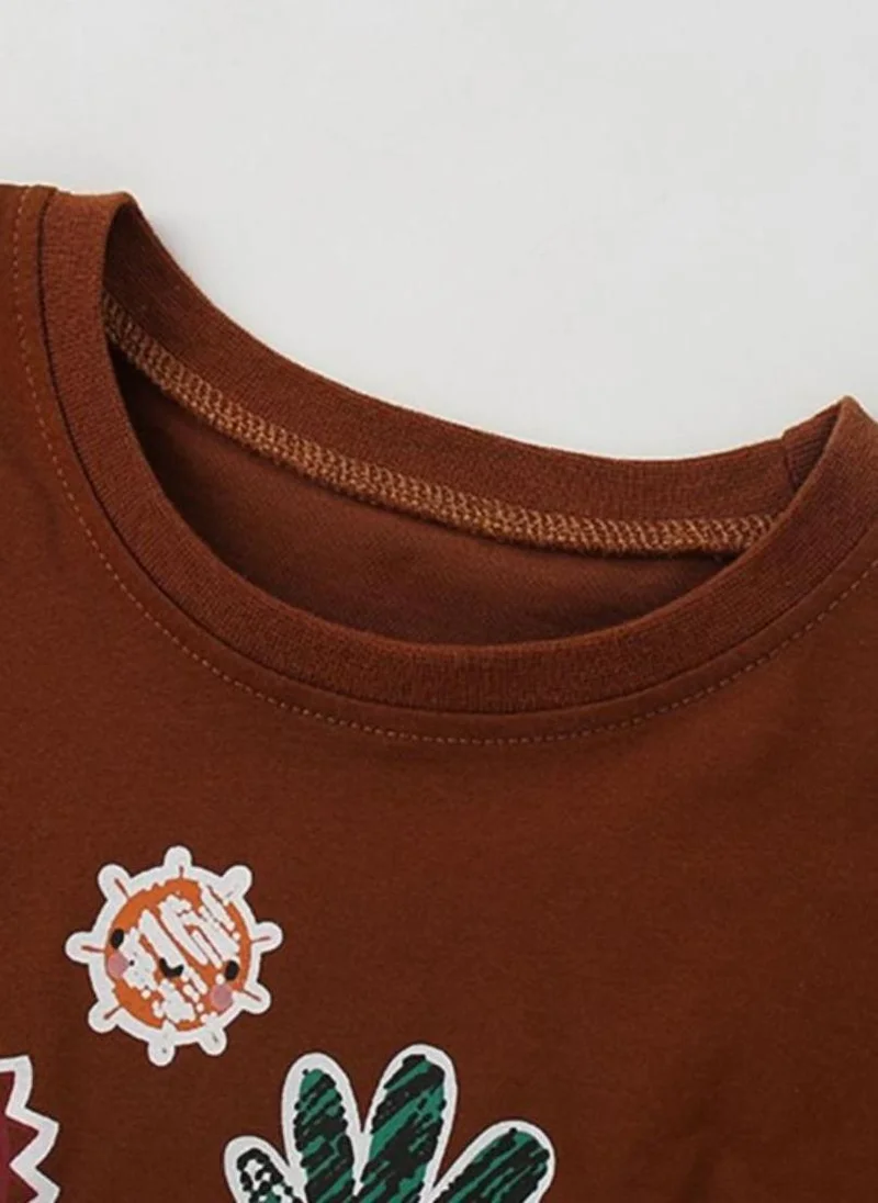 يونيكي Brown Printed Round Neck Cotton T-shirt