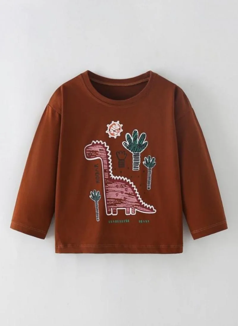 يونيكي Brown Printed Round Neck Cotton T-shirt