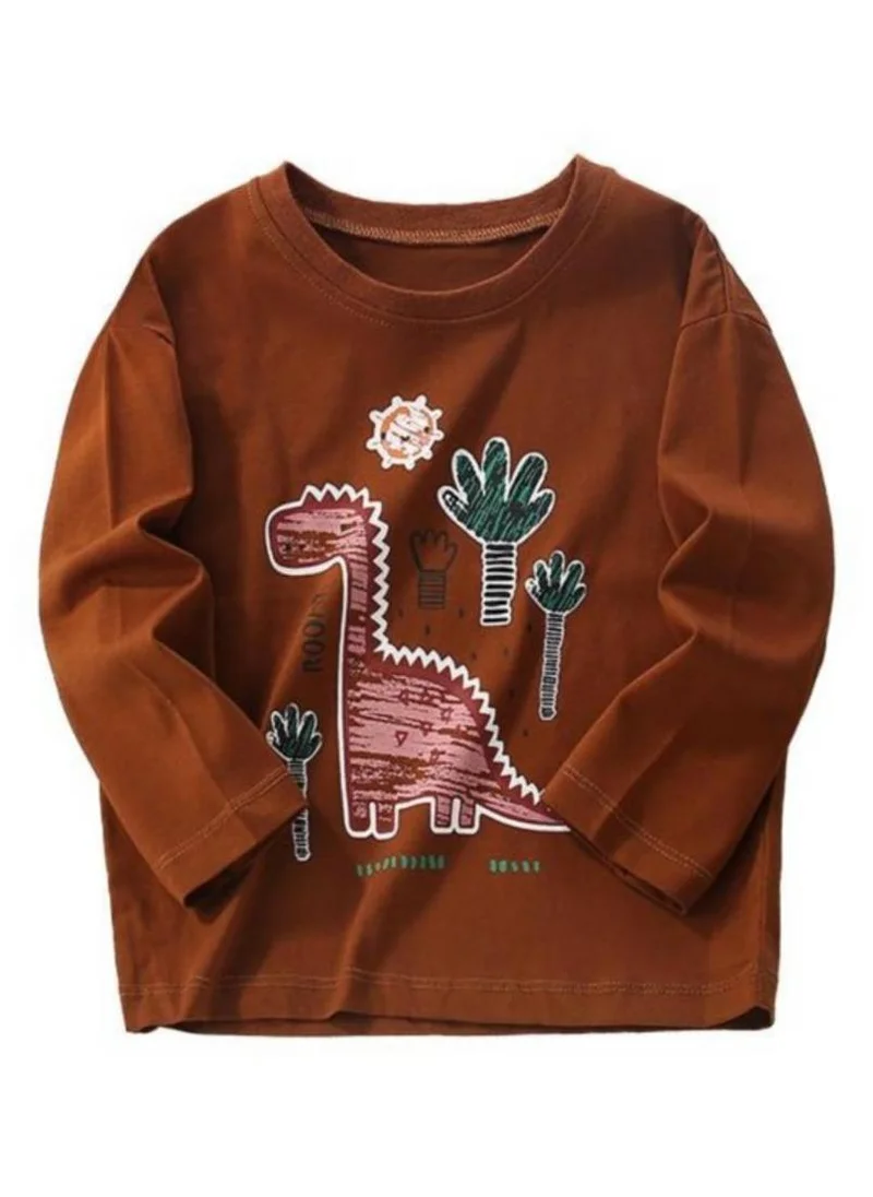 يونيكي Brown Printed Round Neck Cotton T-shirt