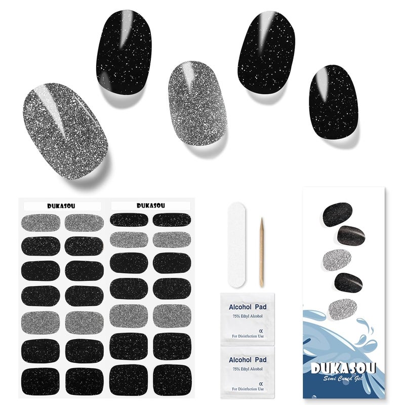 DUKASOU Semi Cured Gel Nail Strips, 28pcs Black Glitter Gel Nail Strips Need UV Light, Long Lasting Gel Nail Stickers Full Nail Wrap for Women Girls Kids DIY, Includes Prep Pads, Nail File&Wood Stick
