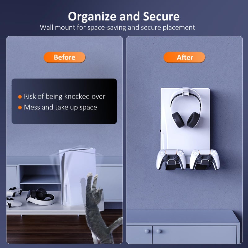 NexiGo PS5 and PS5 Slim Wall Mount Kit with Charging Station, Dual Controller Chargers, Steel Wall Stand, and Headphone Hanger - Compatible with PlayStation 5 (Disc & Digital) - Image 3