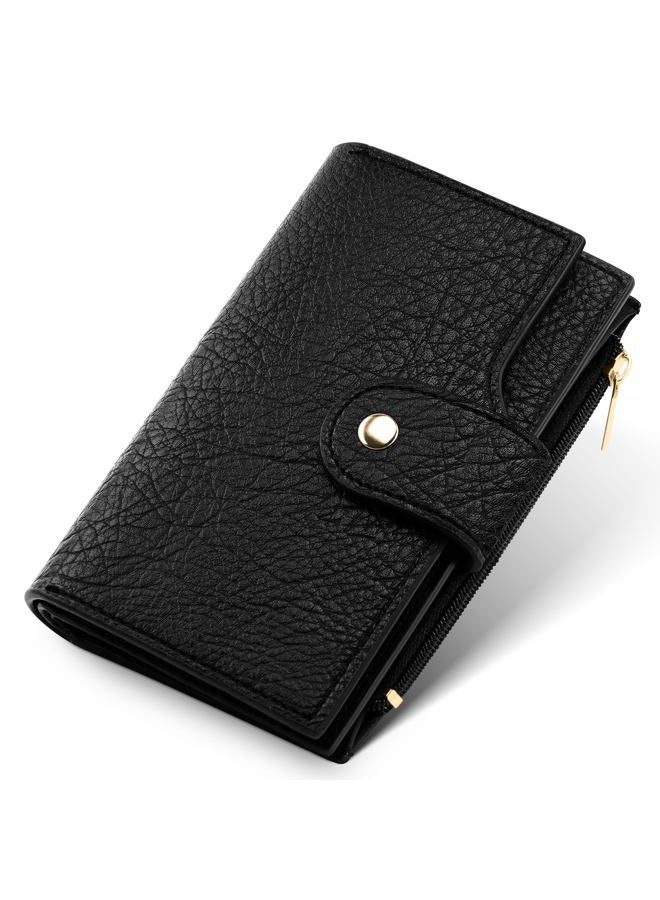 Airkit Small Wallet Women Compact Card Holder RFID Blocking Bifold Wallet for Women with Zipper, Black, Classic - Image 1