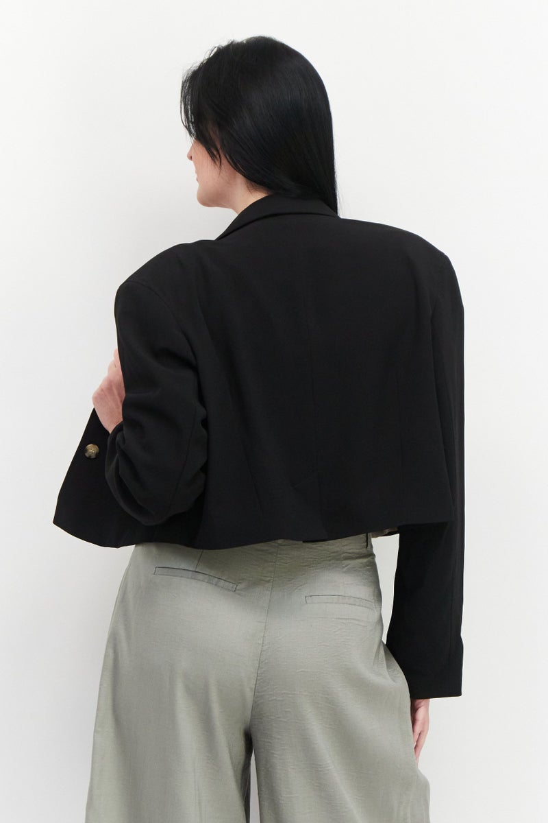 TOPSHOP Women Regular Fit Solid Crop Casual Blazer, Black - Image 4