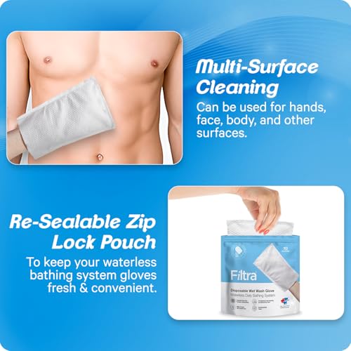 FILTRA® Disposable Wet Wash Gloves | Body Bath | Bathing Gloves | Bed Bath Wipes | Bathing Wipes Pre-Moistened | Re-Sealable Zip Lock Pouch of 10 Gloves - Image 4