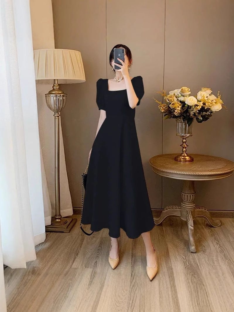 Puff Sleeve Square Neck White Hepburn Light Mature Style Dress For Women Petite Waist Slimming Elegant Over-The-Knee Long Dress Summer - Image 4