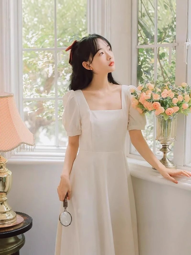 Puff Sleeve Square Neck White Hepburn Light Mature Style Dress For Women Petite Waist Slimming Elegant Over-The-Knee Long Dress Summer - Image 3