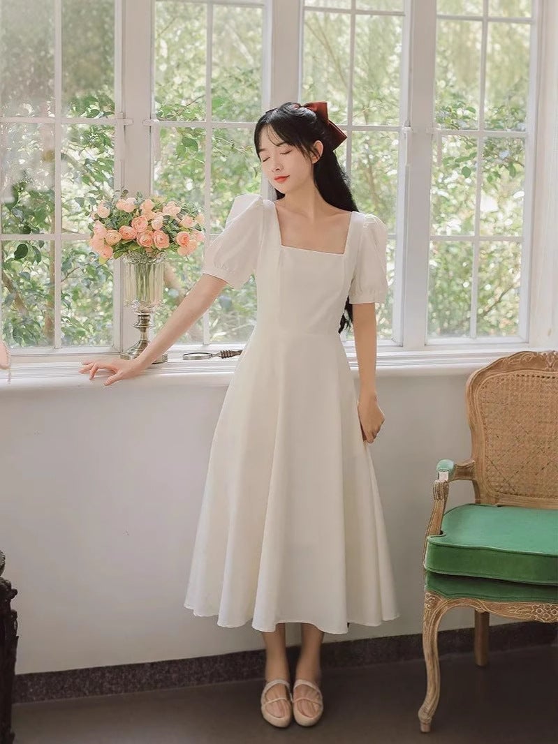 Puff Sleeve Square Neck White Hepburn Light Mature Style Dress For Women Petite Waist Slimming Elegant Over-The-Knee Long Dress Summer - Image 2
