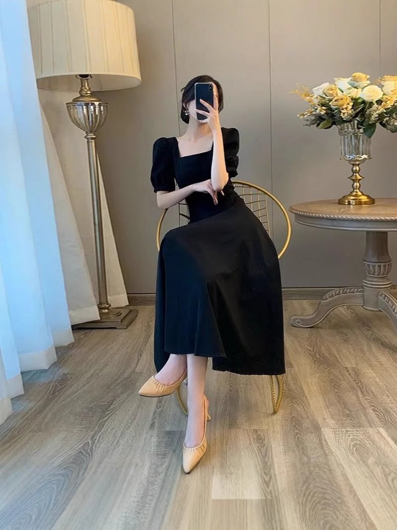 Puff Sleeve Square Neck White Hepburn Light Mature Style Dress For Women Petite Waist Slimming Elegant Over-The-Knee Long Dress Summer - Image 5