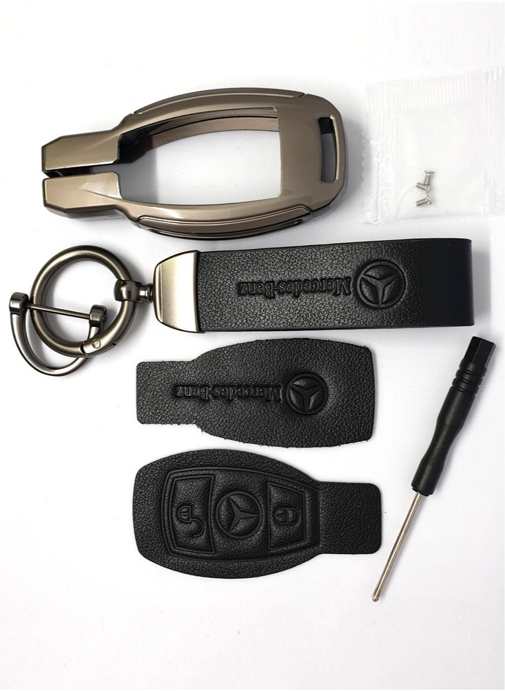 Service Zone - Keychain Metal Real Leather Case For Mercedes Benz Smart Key 3 Or 2 Buttons Black - Image 1