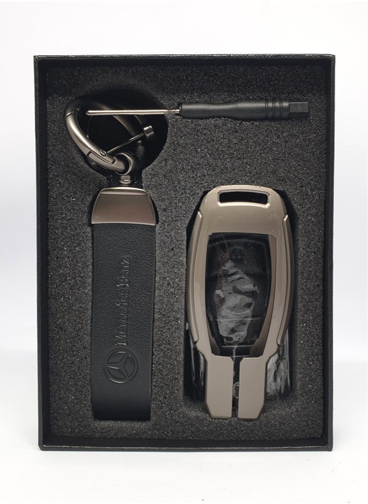 Service Zone - Keychain Metal Real Leather Case For Mercedes Benz Smart Key 3 Or 2 Buttons Black - Image 1