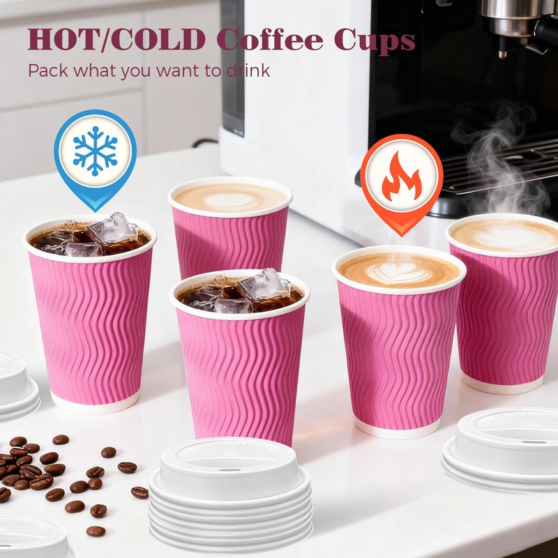 Charmount 100 Pack 12 oz Pink Disposable Insulated Coffee Cups with Lids - Ripple Wall Hot Paper To-Go Cups for Coffee, Tea, Cocoa, and Drinks - For Valentines Day - Image 4