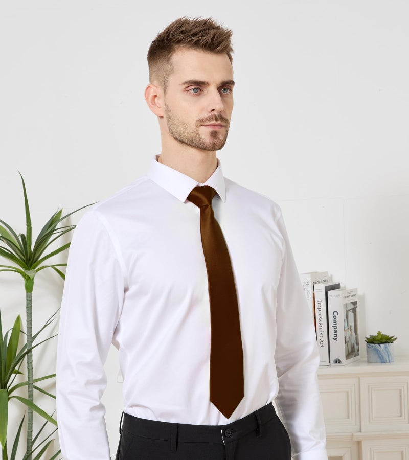 PenSee Men's Coffee Truffle Brown Tie Set Solid Pure Color 3.15" (8CM) Classic Formal Plain Necktie and Pocket Square Set For Men - Image 3